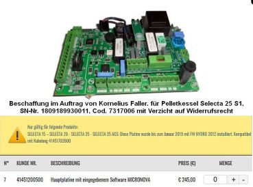 41451200500 Hauptplatine mit eingegebener Software, Selecta 25 S1, SN-Nr. 1809189930011, Cod. 7317006, im Auftrag Kornelius Faller