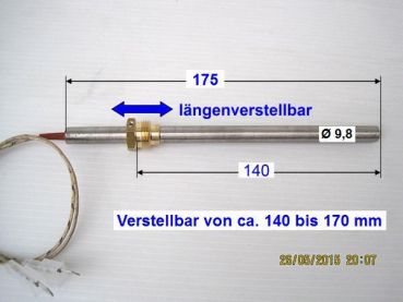 Zündkerze, Glühzünder, Glühstab - 300 Watt - Ø 9,8,  L175 längenverstellbar ca. 140 bis 170 mm