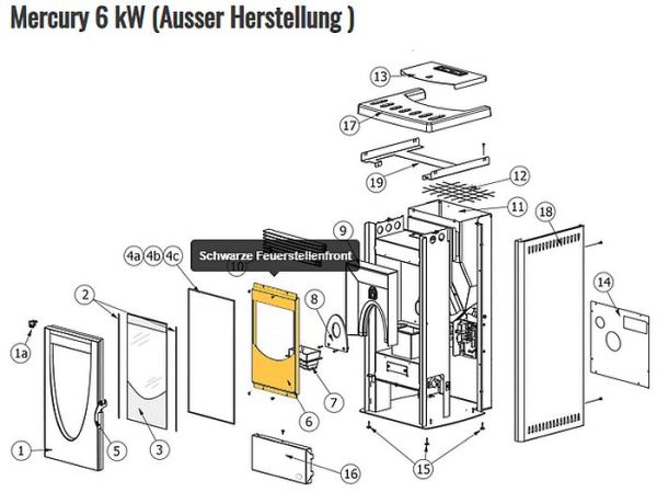 43640425 Schwarze Feuerstellenfront für Mercury 6 kW, Omega '05, Planet '05, Saturn '05