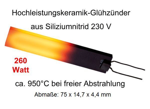 Vollkeramikglühzünder Siliziumnitrid, 260 Watt, GLZ109 u.a. für Rika und Wamsler