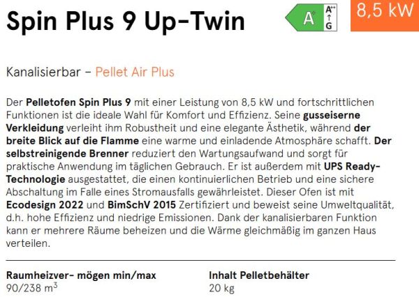 CADEL Pelletofen Spin Plus 9, Stromausfall-Notbetrieb vorbereitet, Gusseisen